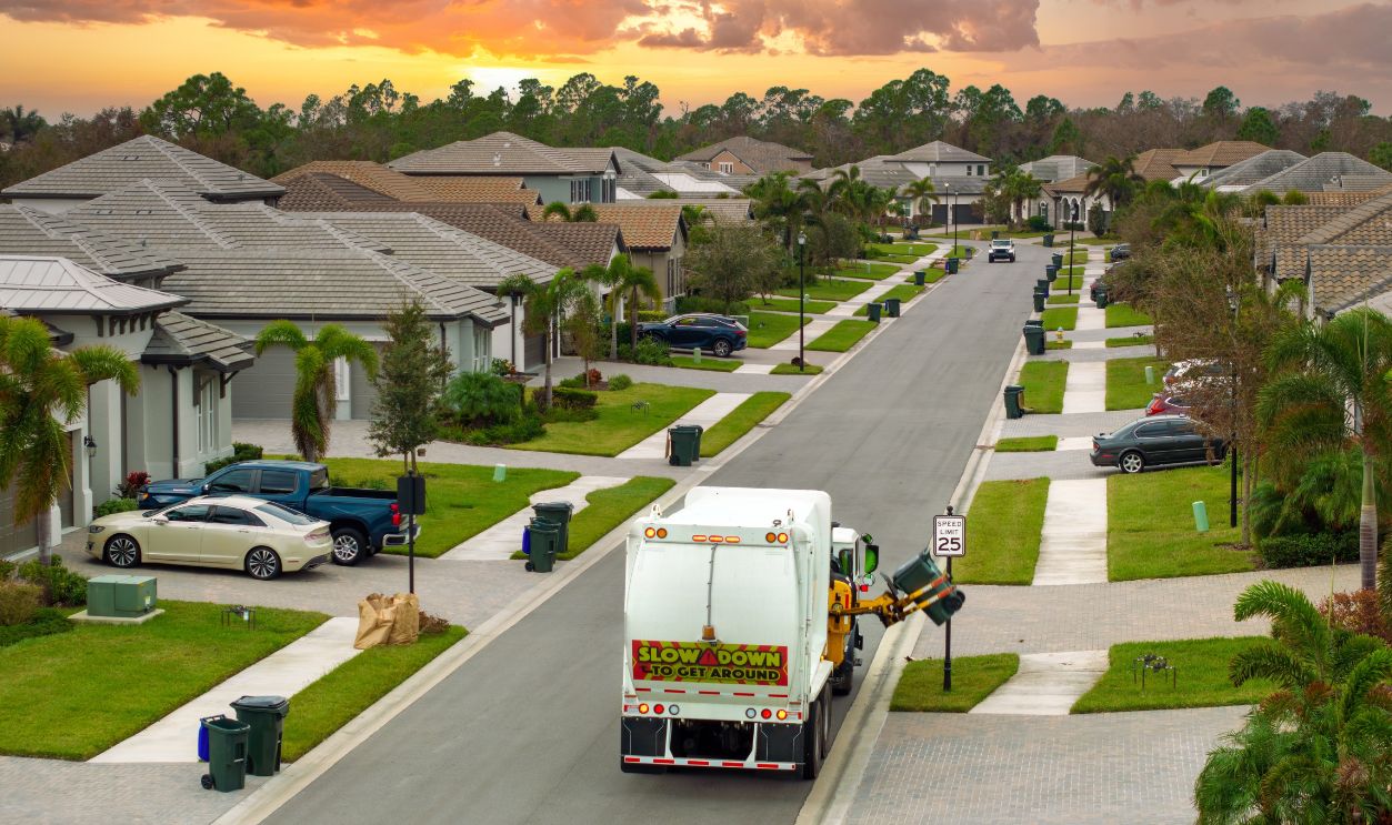 Automated modern garbage collector truck loading waste on Florida town street. Municipal services