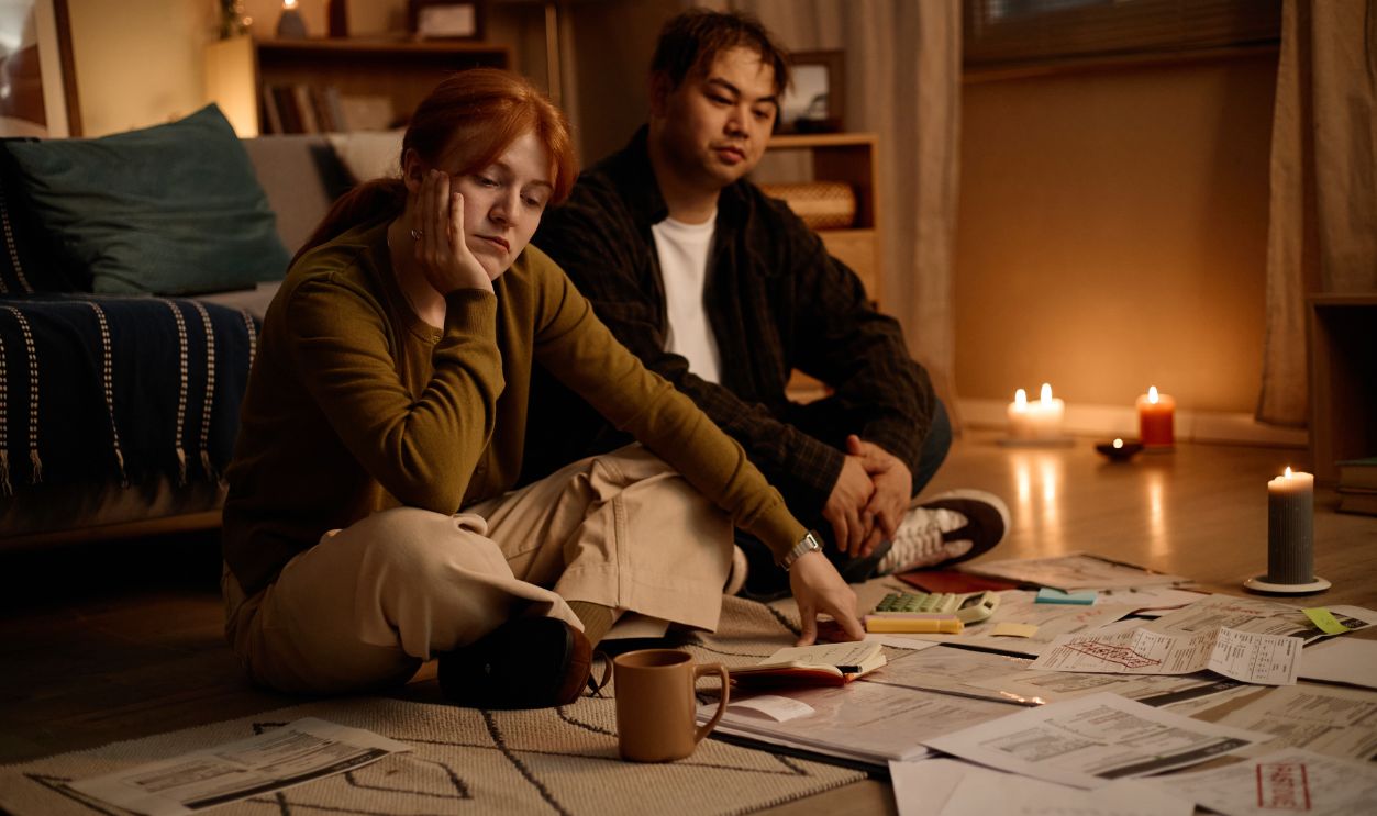 Young adult couple reviewing bills and household paperwork while sitting on floor, showing financial stress and budgeting challenges. Useful for debt, inflation, personal finance marketing