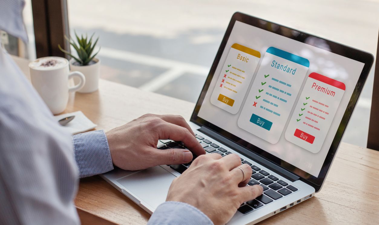 subscription concept, subscription plan for online service, man choosing online education course, SaaS concept software as a service, buy monthly access