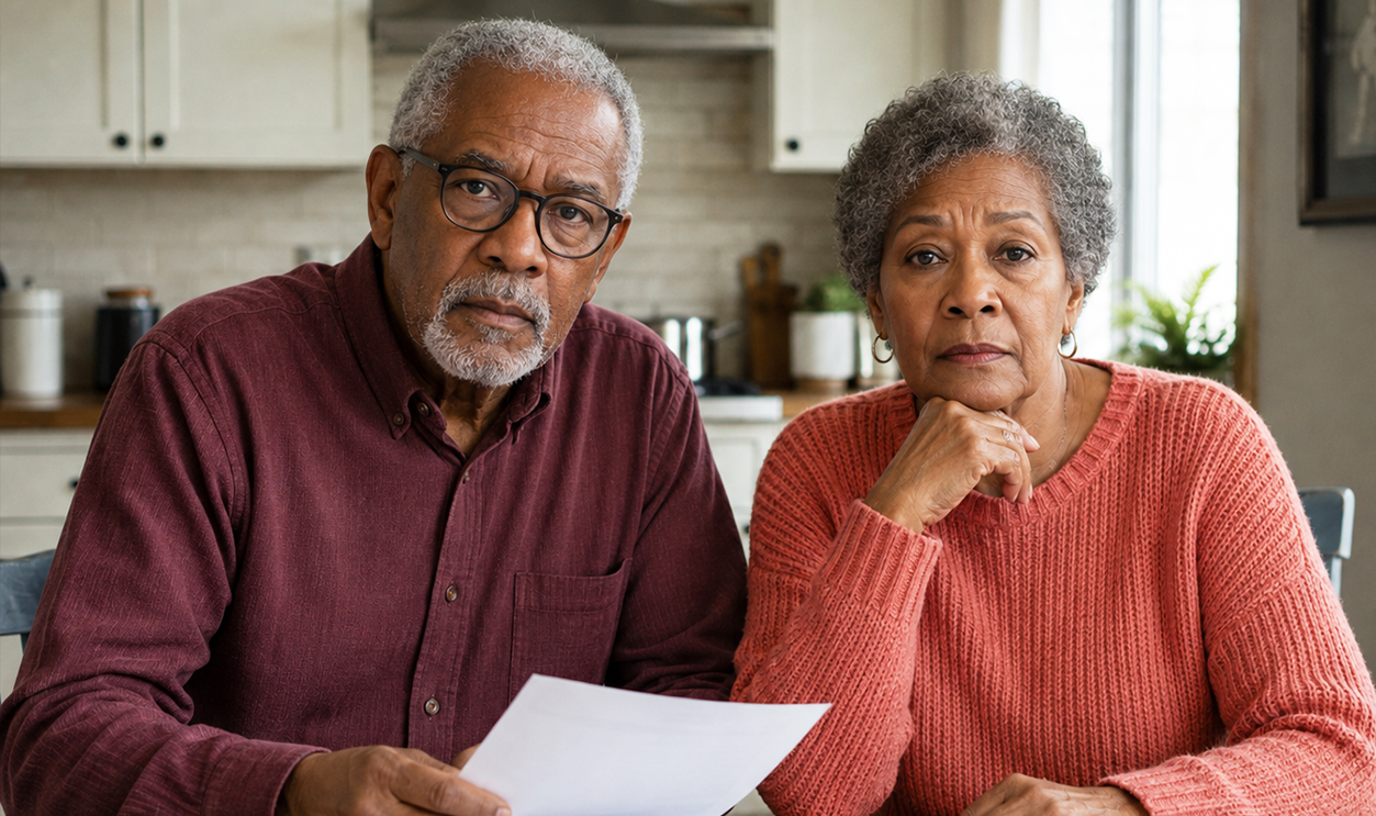 AI-generated image of a retired couple checking their bills.