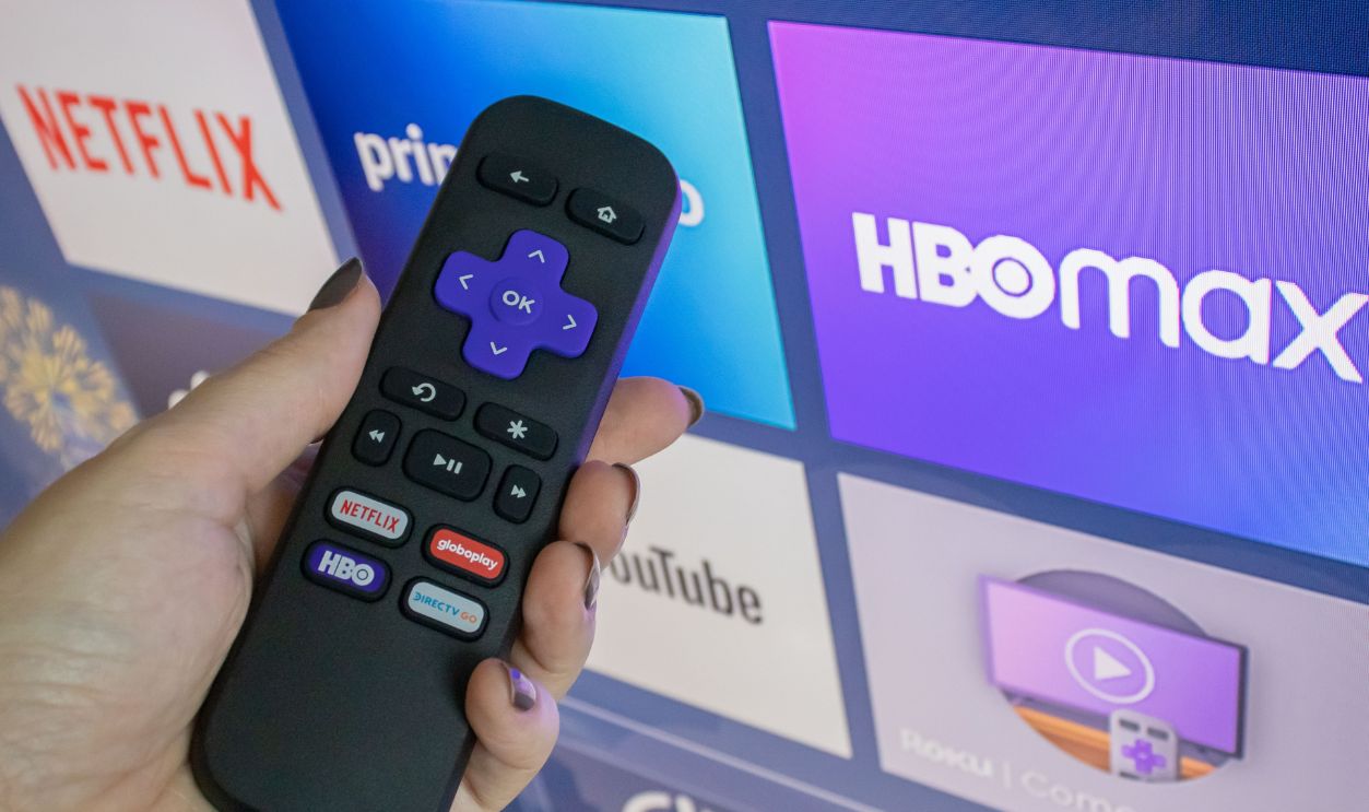 Vila Velha, Espirito Santo, Brazil - 12/29/2021 - Roku Express, TV box device with streaming service in Brazil and infrared remote control - with HBO Max icon