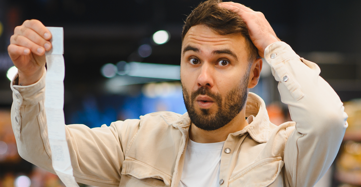Man holding a long supermarket receipt, expressing shock and frustration about rising food costs