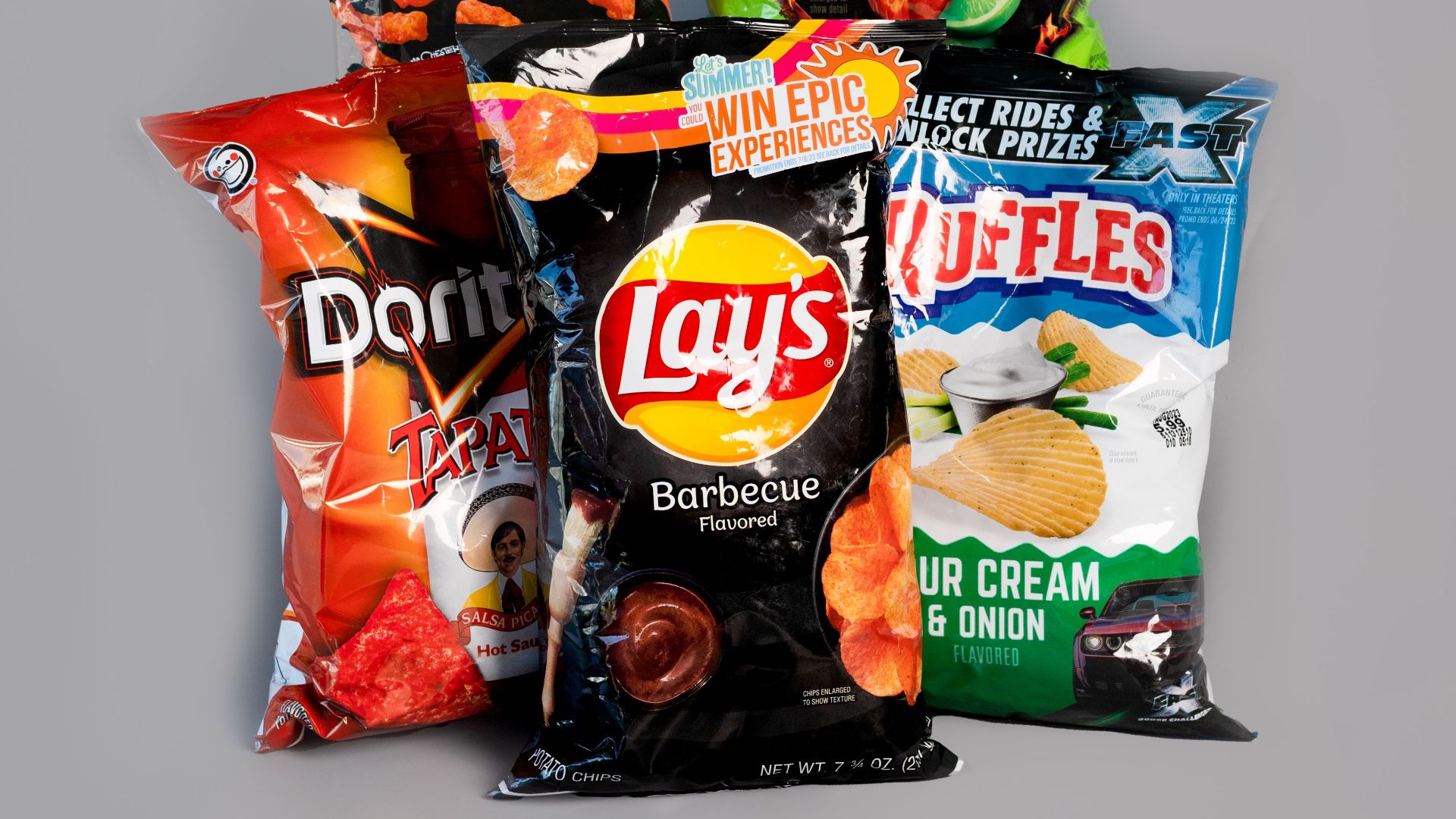 Collection of various flavored snack bags, perfect for party or snacking.