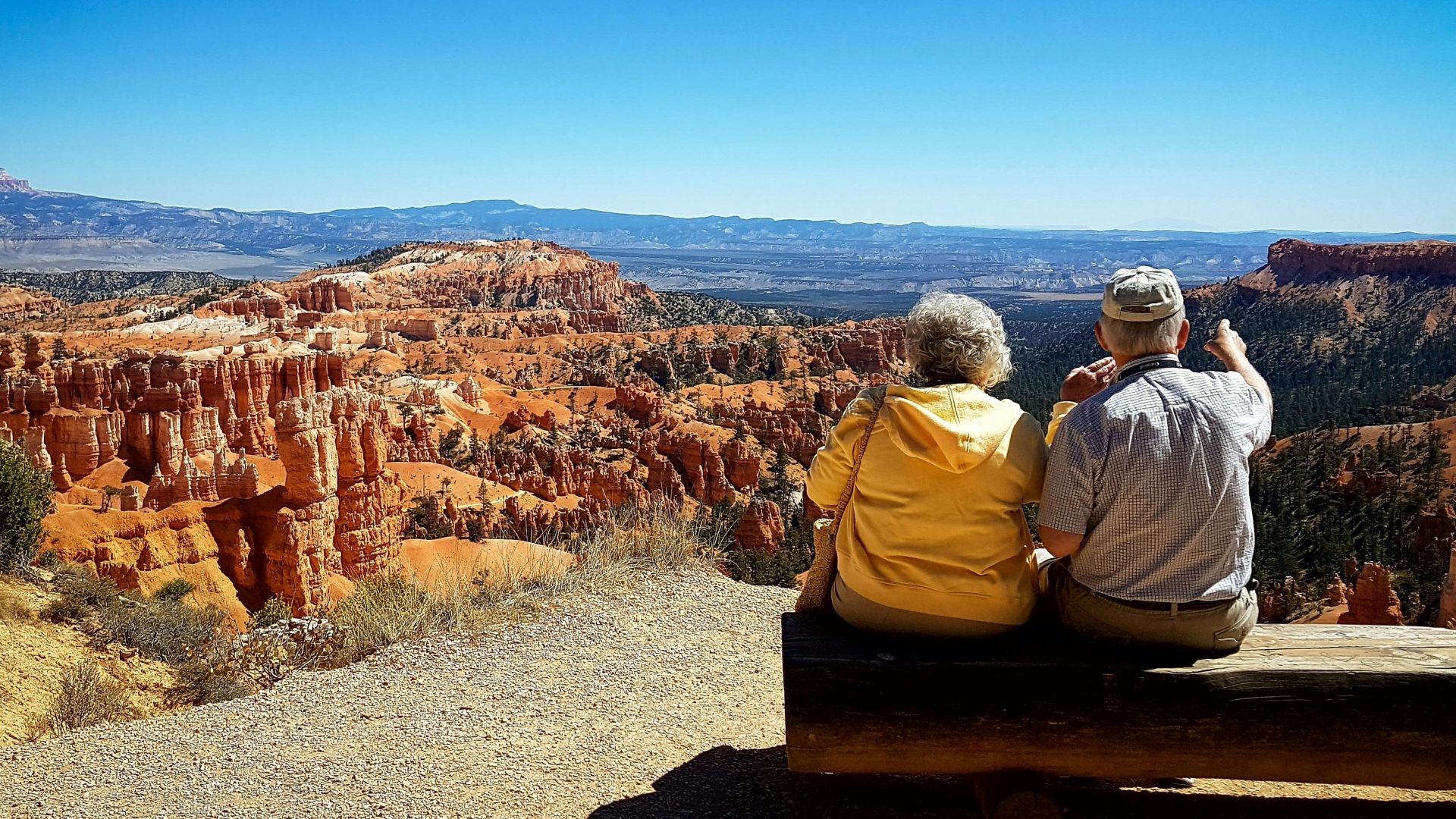 two people sitting on a bench looking out over a canyon