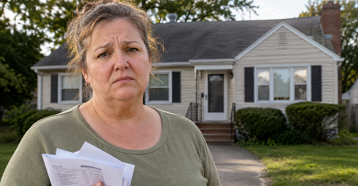 Woman holding property papers outside house, sad