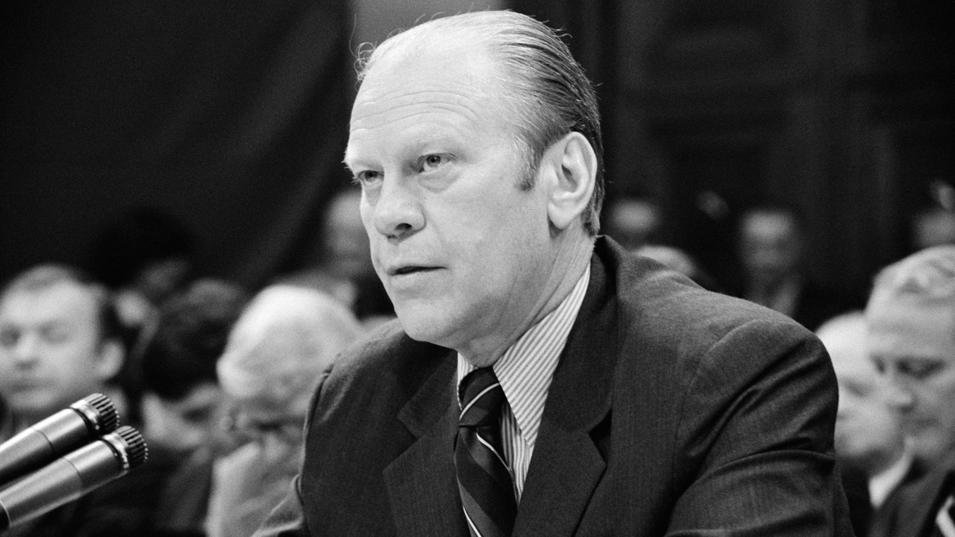 President Gerald Ford appearing at the House Judiciary Subcommittee hearing on pardoning former President Richard Nixon, Washington, D.C.