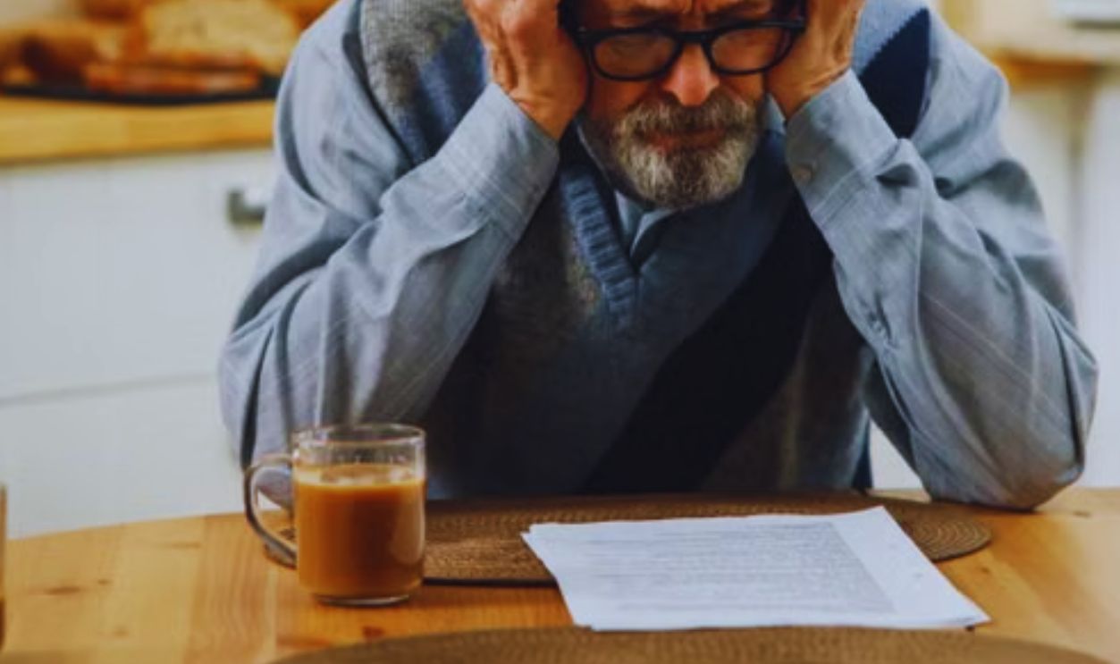 Senior man looking stressed while reading documents in a kitchen setting, suggesting financial or personal concerns