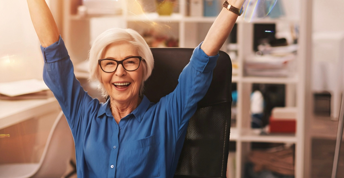 Baby Boomer woman cheering at her workplace