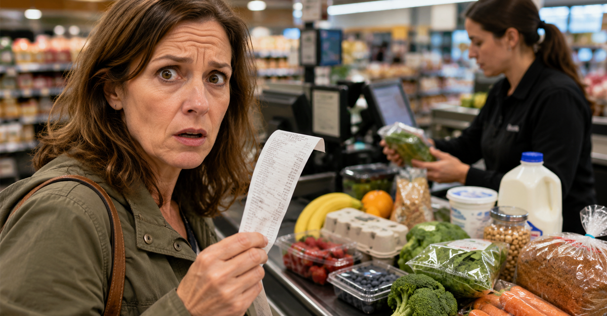woman flabbergasted by grocery prices at checkout