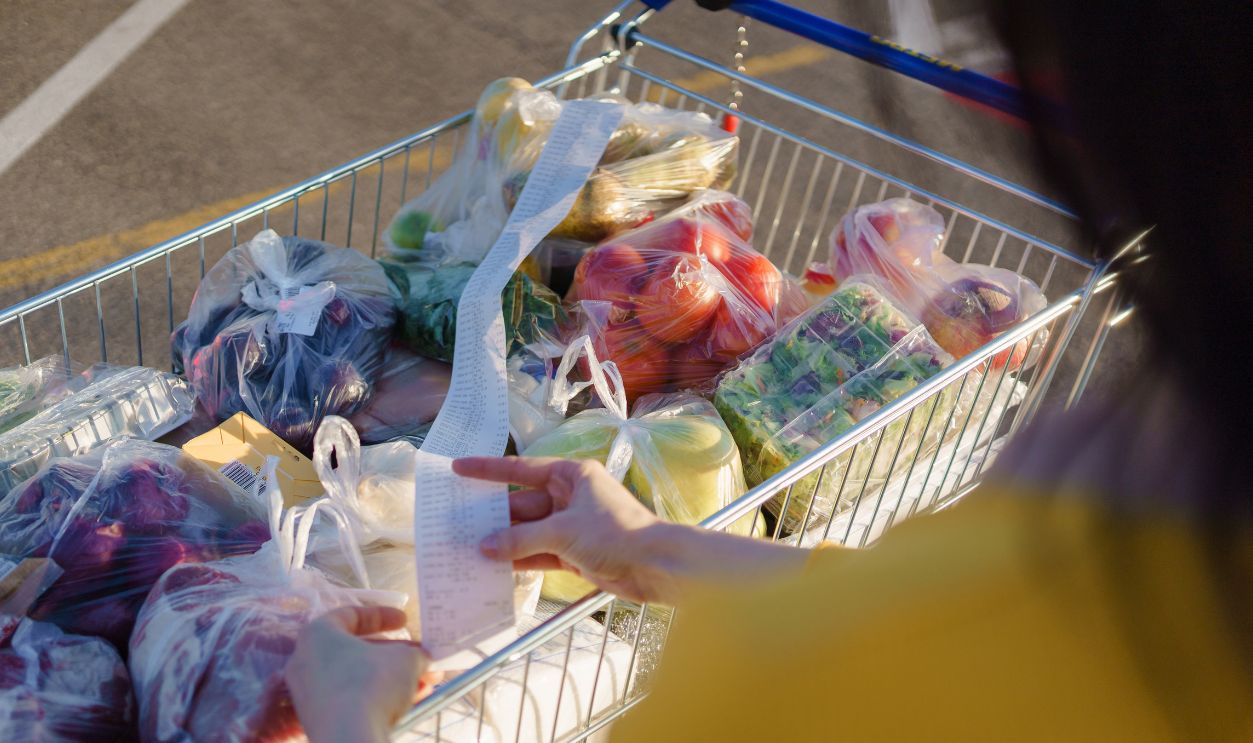 Shutterstock-2215695281, Woman checks paper check after shopping for groceries at mall by checking Dear Amount bill in a grocery cart. increase in food prices