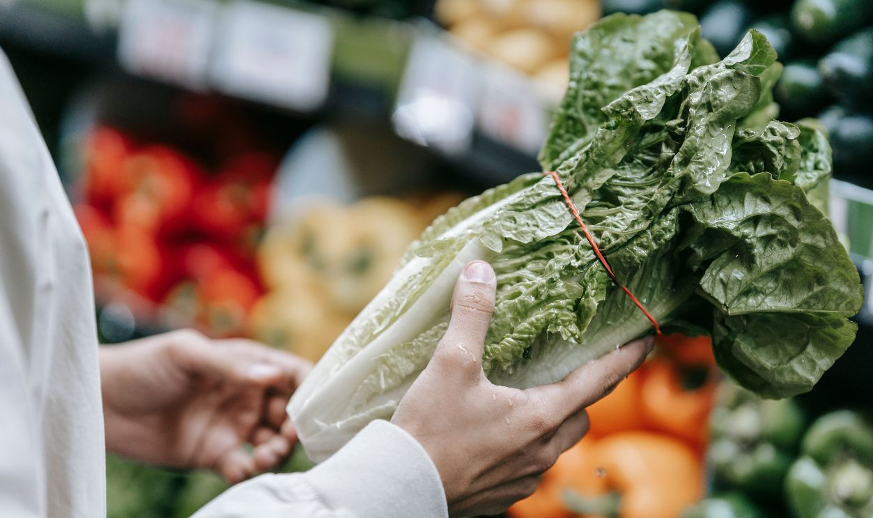 Person choosing fresh lettuce among a variety of vegetables