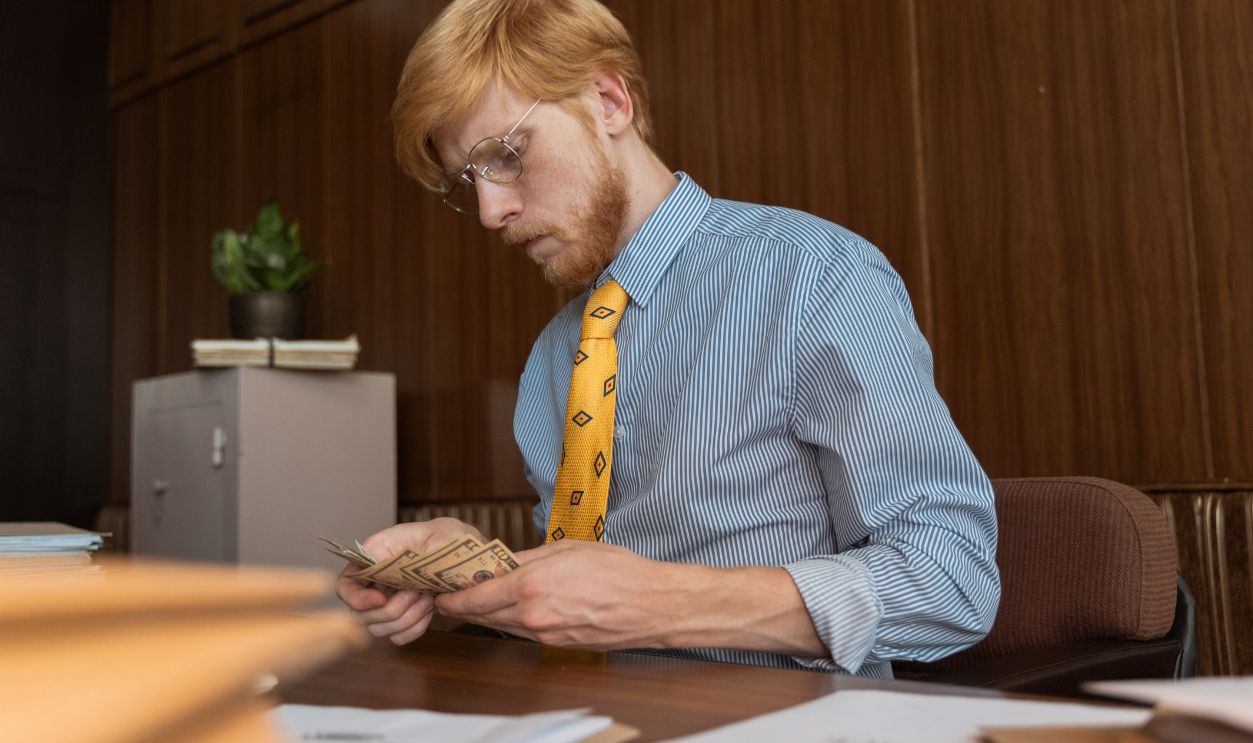 Serious businessman counting cash at his desk in an office environment with wood paneling