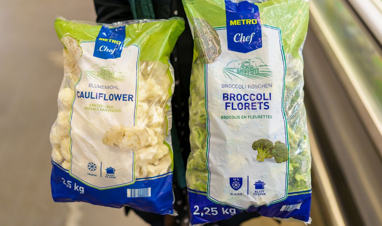 Frozen cauliflower and broccoli florets in a package. February 2, 2023 Beltsy, Moldova. For illustrative editorial use.
