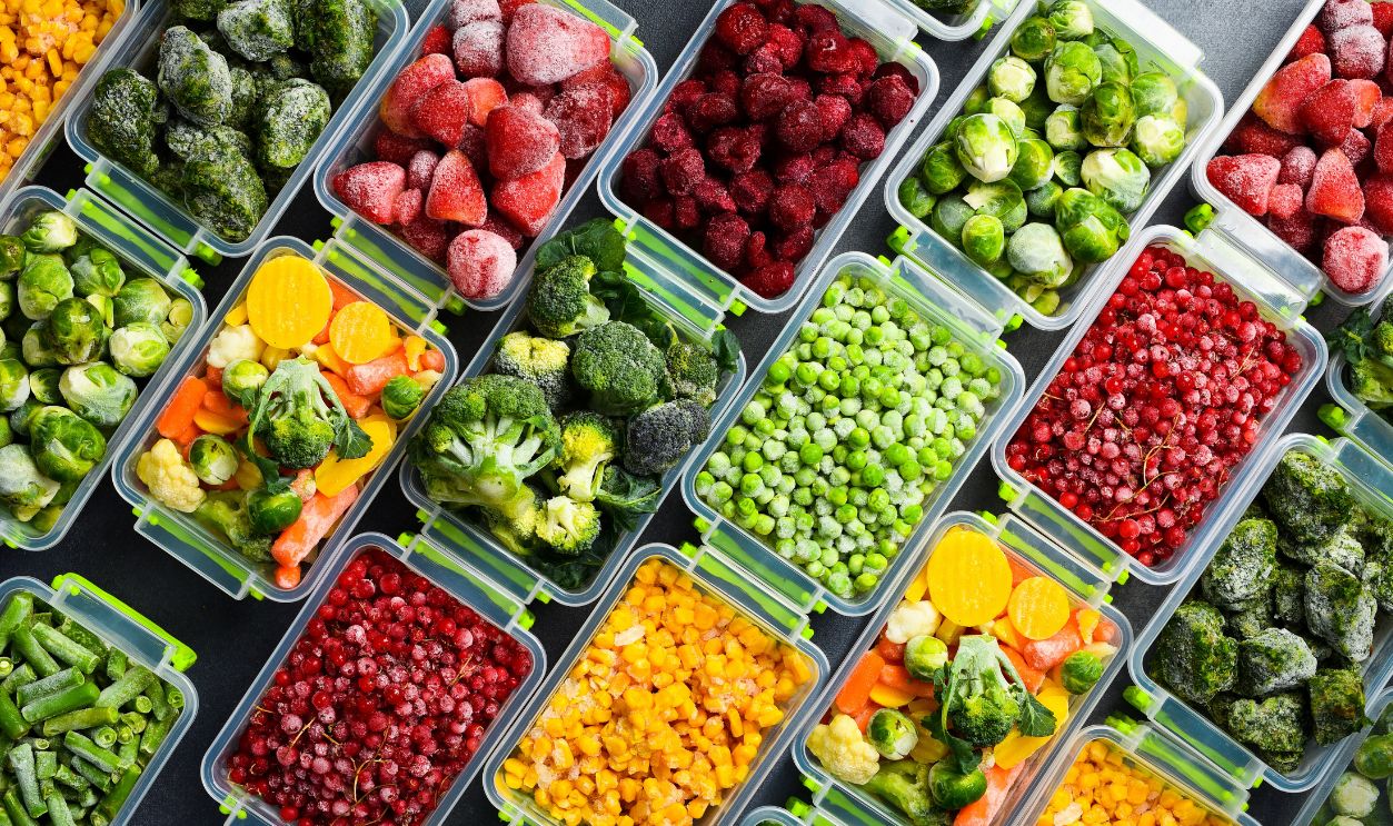 Set of frozen vegetables and fruits in plastic boxes. Top view. Stocks of frozen vegetables for the winter. On a gray concrete background.