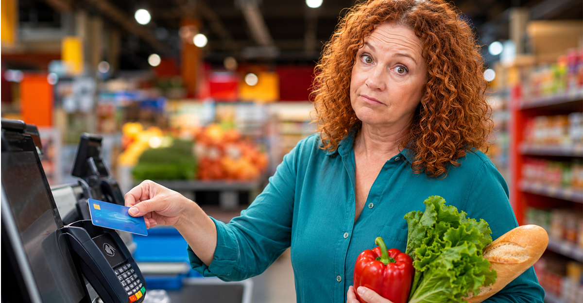 AI-generated image of a woman at self-checkout in a grocery store