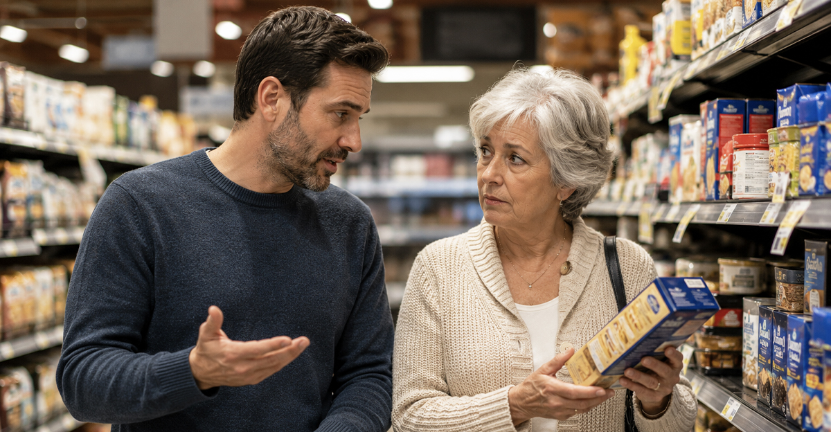 AI-generated image of a man and his mother arguing about name-brand groceries.
