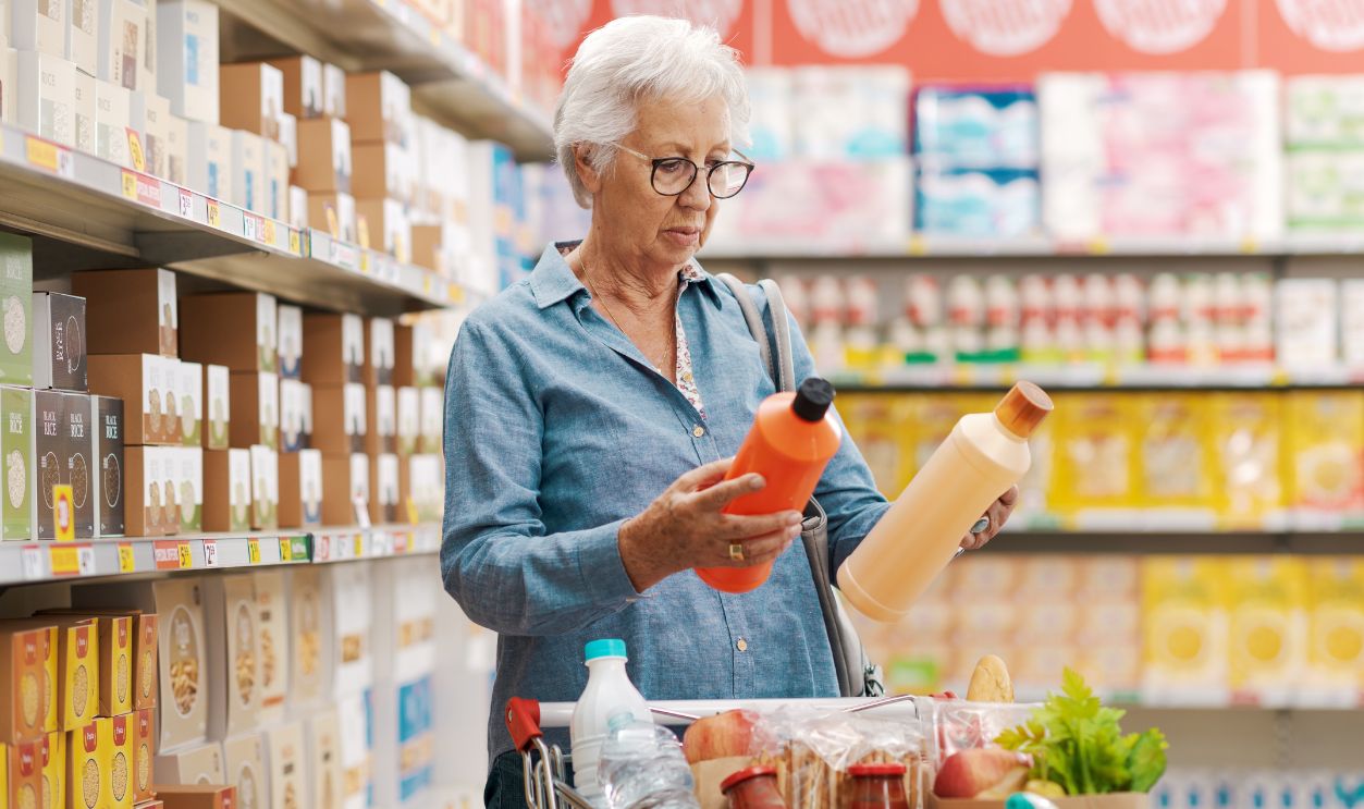 Shutterstock-2411760397, Senior customer buying groceries at the supermarket, she is holding two bottles of detergents and comparing products