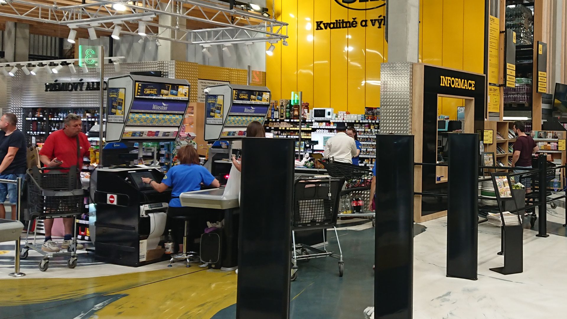 Interiors of JIP cash and carry store on Frýdecká street in Hrabová, Ostrava, Czech Republic. View of entrance and checkout zone.