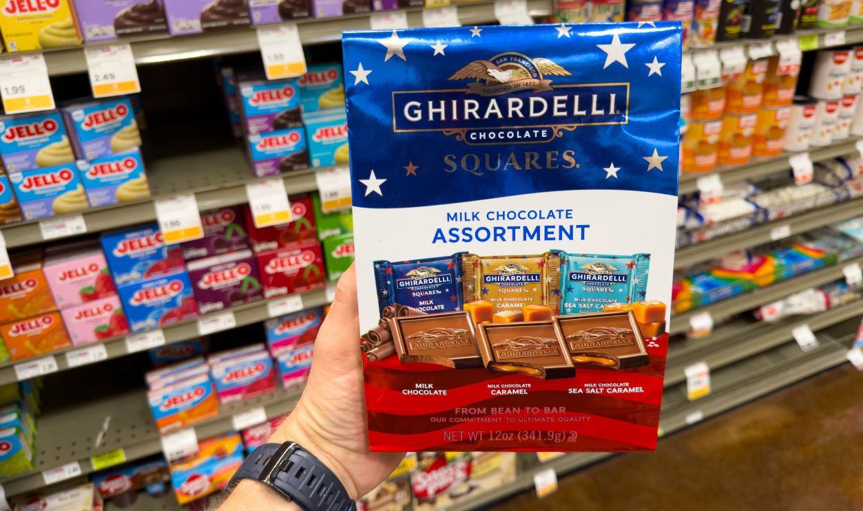 Los Angeles, CA - May 24, 2026: Ghirardelli Squares Milk Chocolate Assortment USA 250 Anniversary Edition Box in Store Aisle