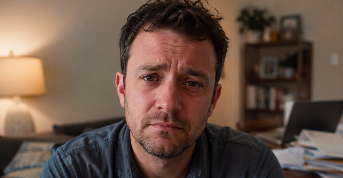 Worried man in messy apartment