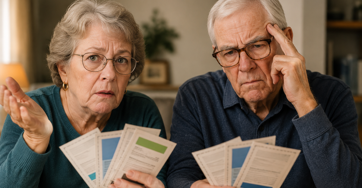 Elderly couple looking at coupons.
