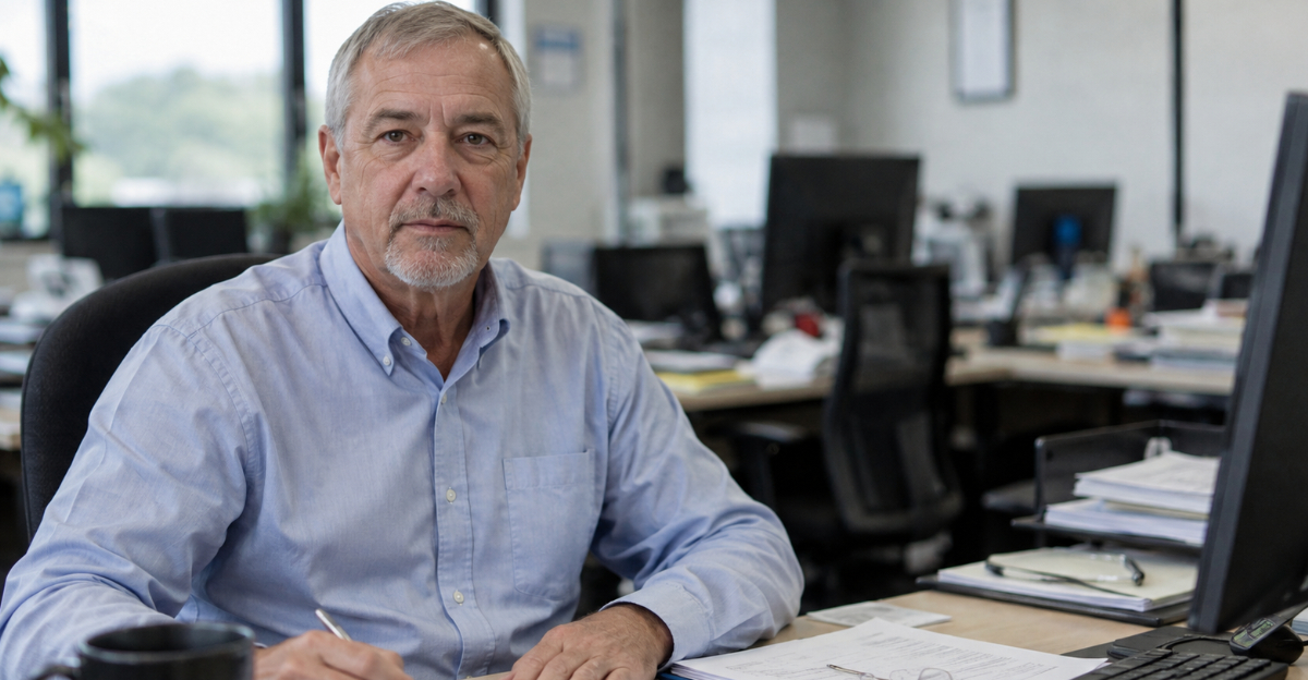 Man in 50s sitting at desk in office looking at camera