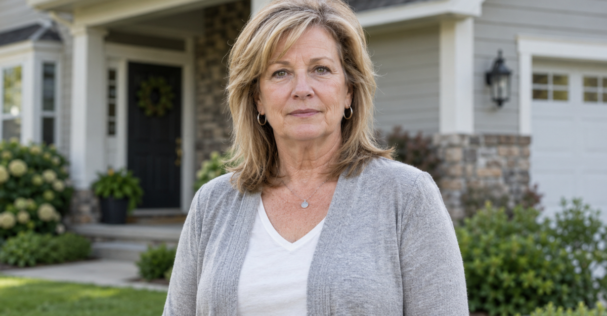 Older woman standing in front of house looking at camera