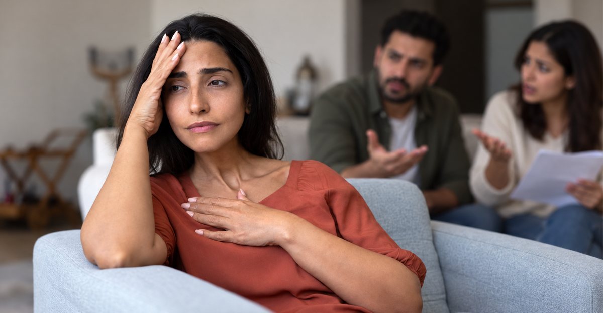 AI-generated image of concerned woman in chair with arguing couple behind her