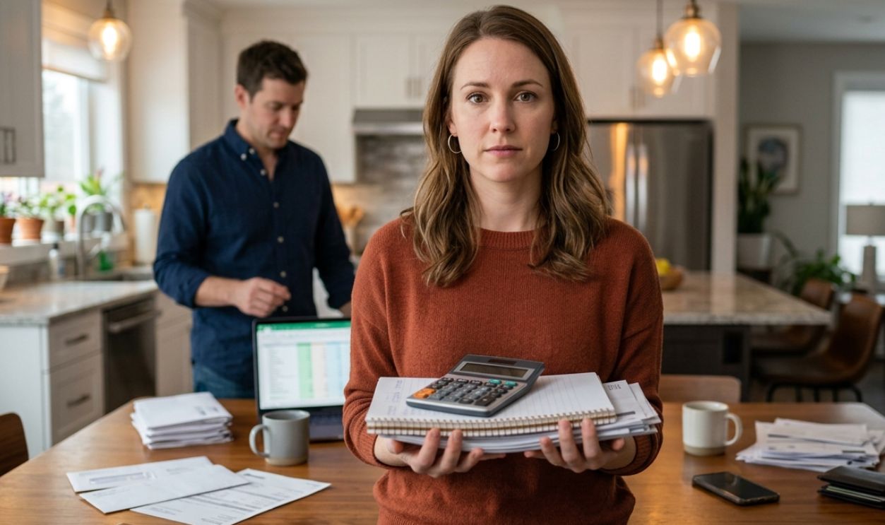 woman holding folders and calculator, with a man in the background doing financial calculations