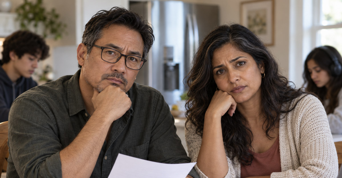 AI-generated image of a family trying to cut bills to help with their budgeting.