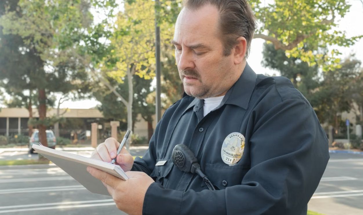 A police officer outdoors writing a report on a notepad. Trees in the background