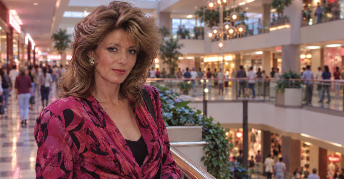 1980s mall with women in foreground looking at camera