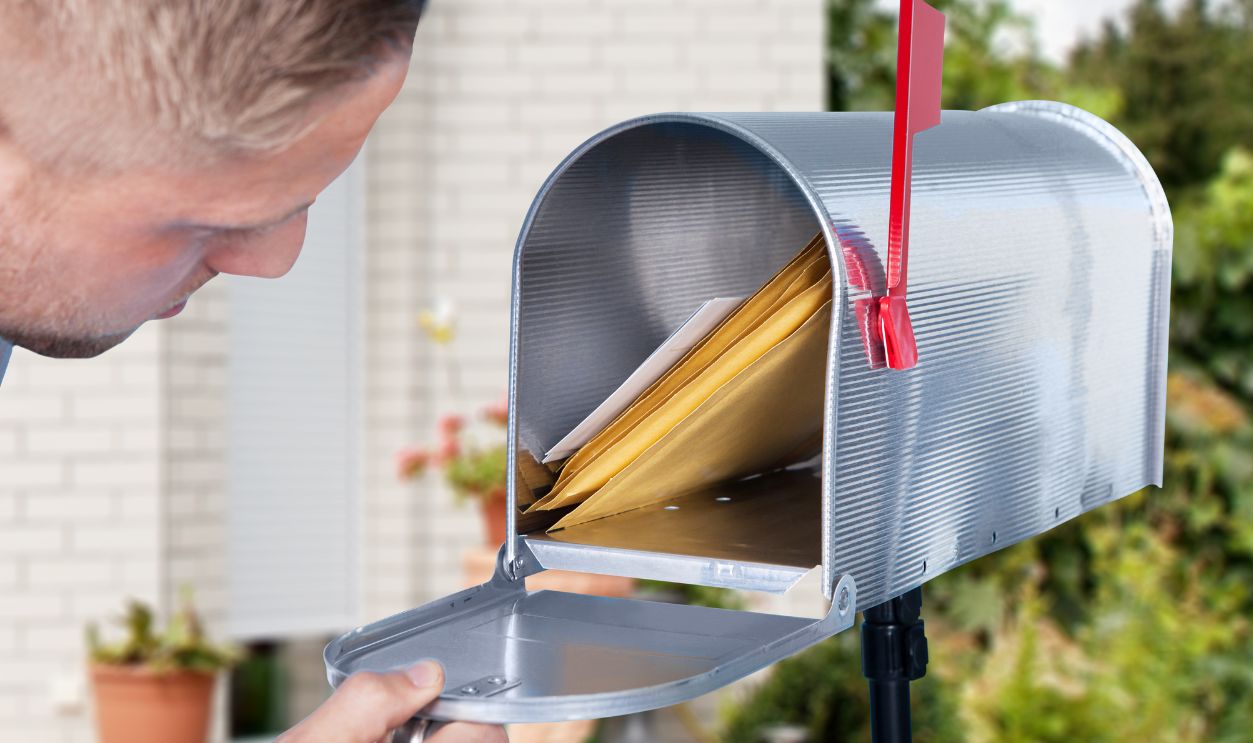 Close-up Of A Man Looking Inside The Silver Mailbox