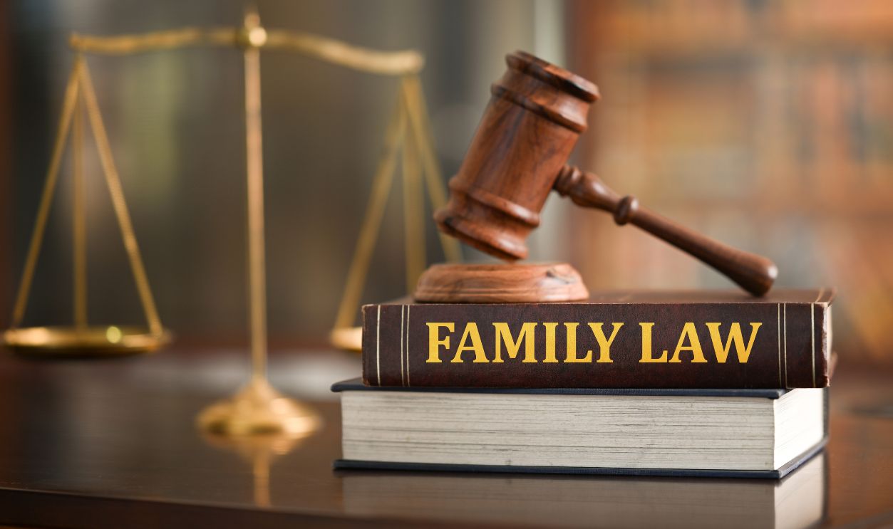 Family Law books on desk in law firm. Legal education about matrimonial law,law of domestic relations.