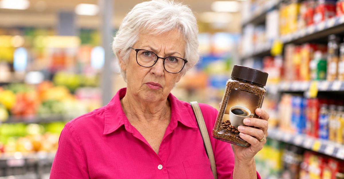 AI-generated image of a woman holding coffee in a grocery store