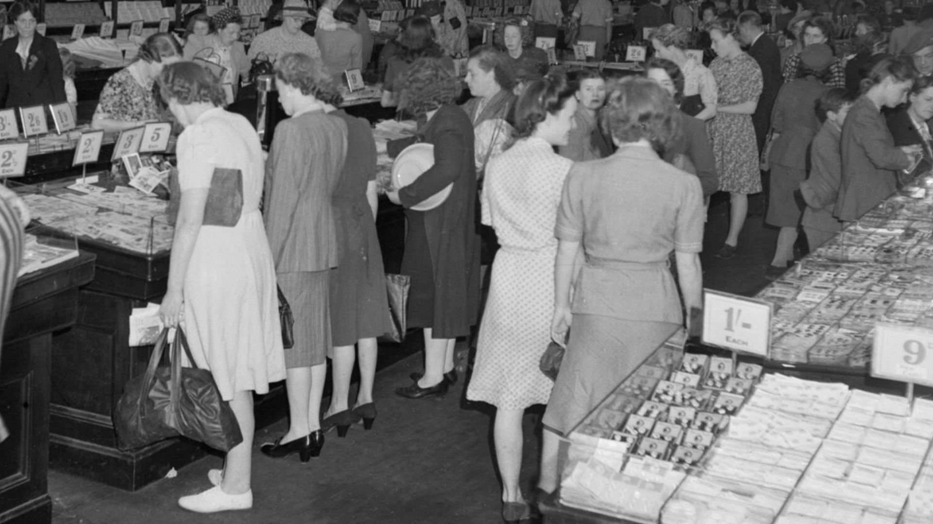 A Picture of a Southern Town- Life in Wartime Reading, Berkshire, England, UK, 1945
A general view of shoppers in the busy Woolworth's store on Broad Street in Reading.