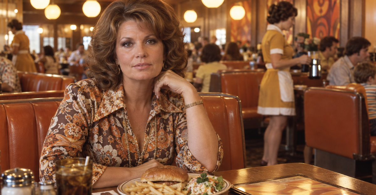 1970s restaurant, Woman looking at camera