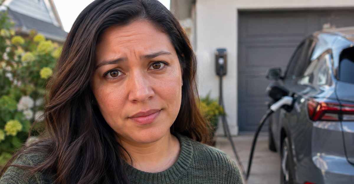 Woman on driveway in front of EV plugged into house