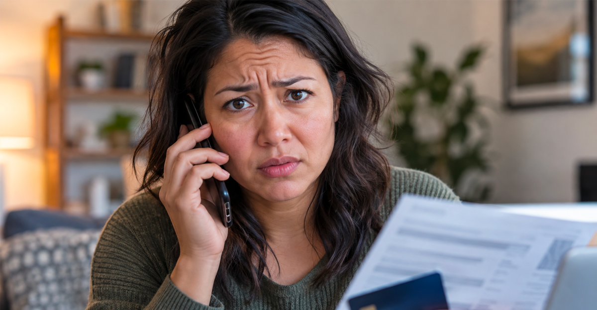 Concerned Woman On Phone With Credit Card And Bill In Hand