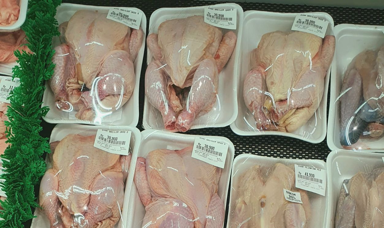 Plastic-wrapped raw chickens neatly arranged on supermarket shelves, ready for purchase.