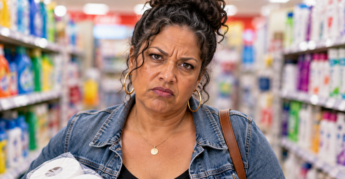 AI-generated image of frustrated woman holding toilet paper in store aisle