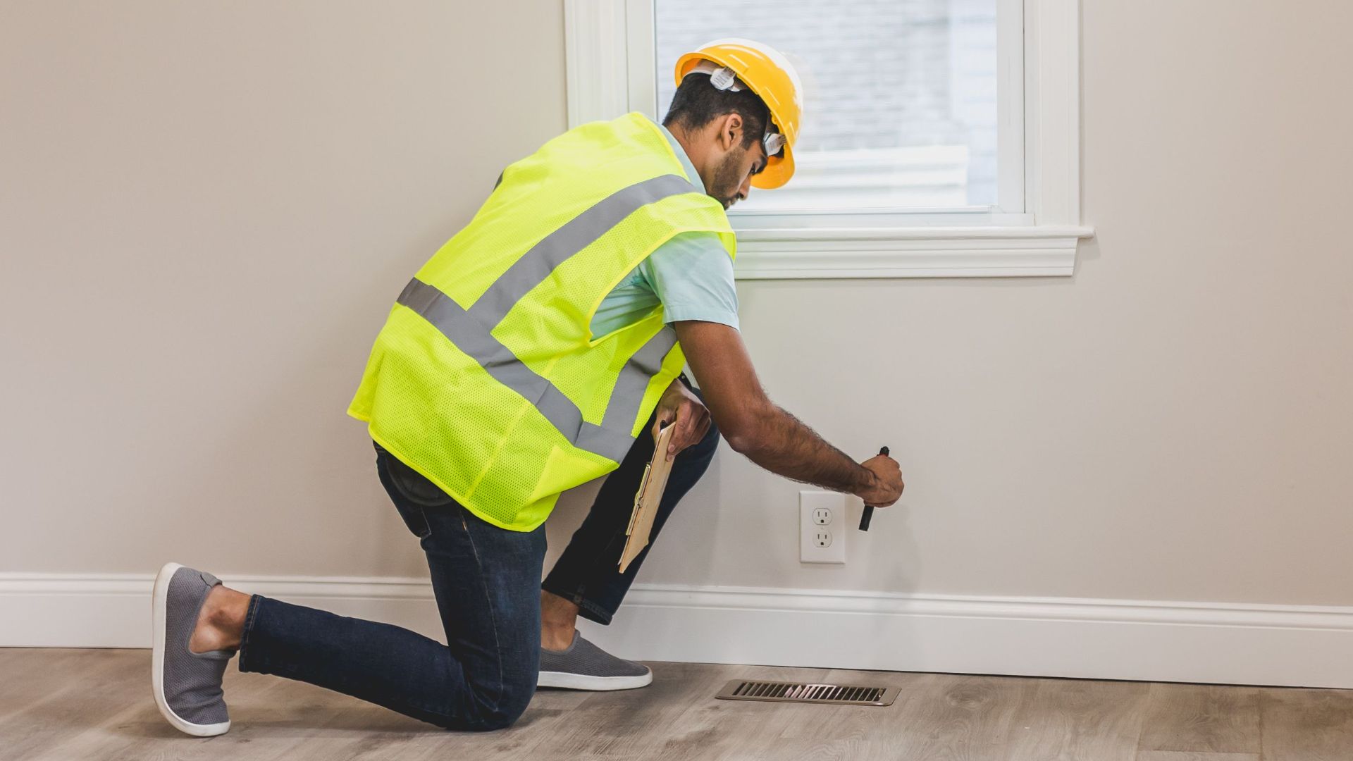 A home inspector in high visibility vest examines an electrical outlet in a modern room.