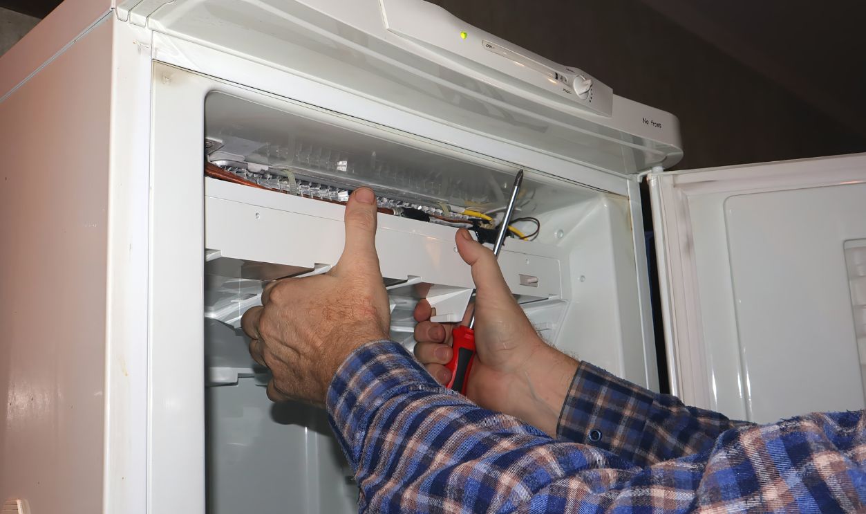 A person is actively repairing a refrigerator in a residential kitchen, using tools to fix internal components while ensuring everything is properly adjusted and connected.
