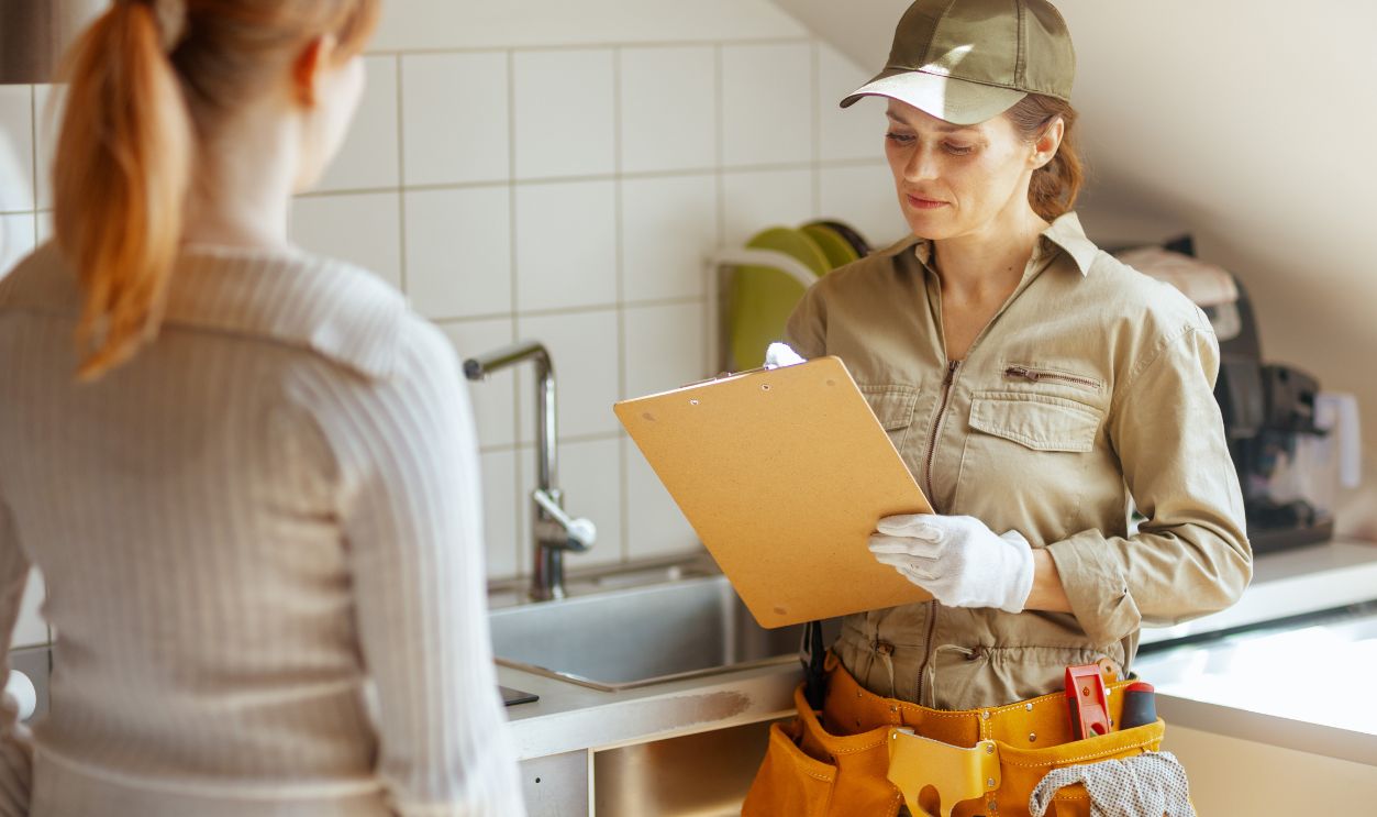 A plumber in a khaki jumpsuit consults with a homeowner in a kitchen, clipboard in hand, possibly discussing repair options.