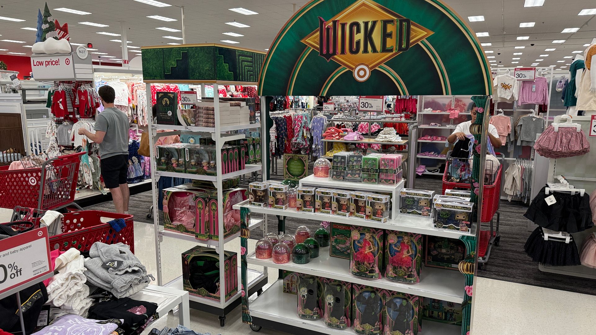 A display of merchandise related to the 2024 film “Wicked” at a Target store in Orlando, Florida.