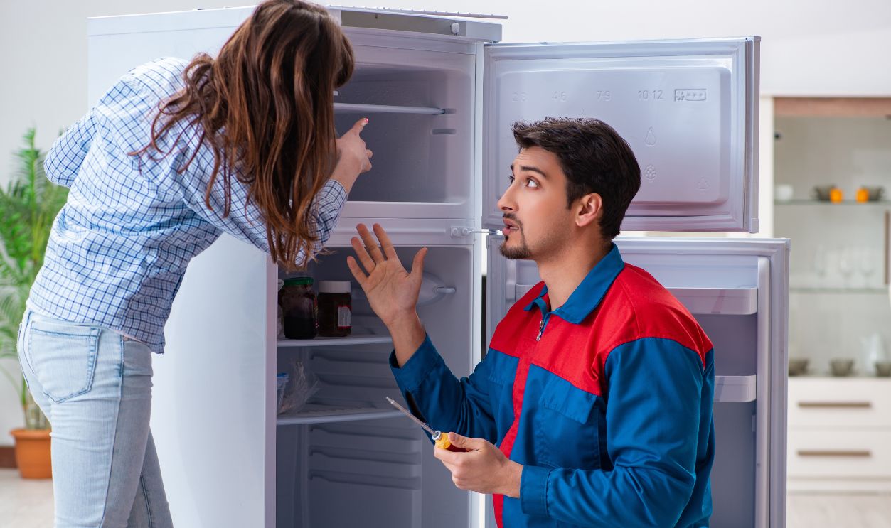 Man repairing fridge with customer