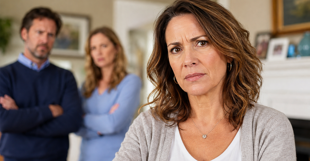 AI-generated image of a concerned woman with two tense adults standing behind her
