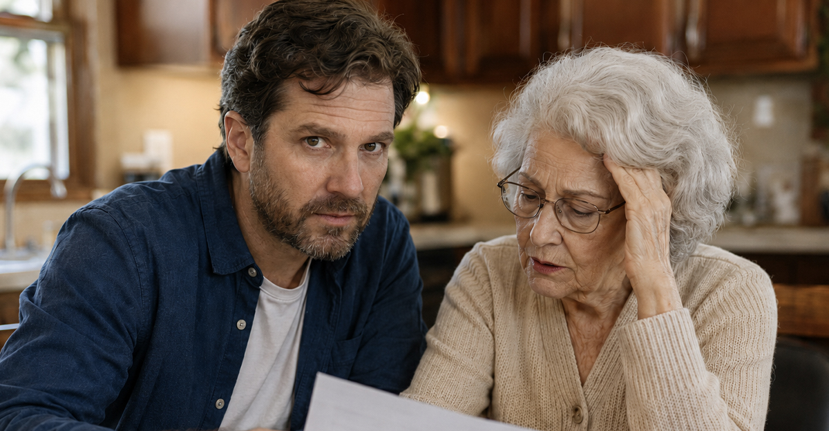 AI-generated image of a man trying to free his senior mother from a co-signing utilities.
