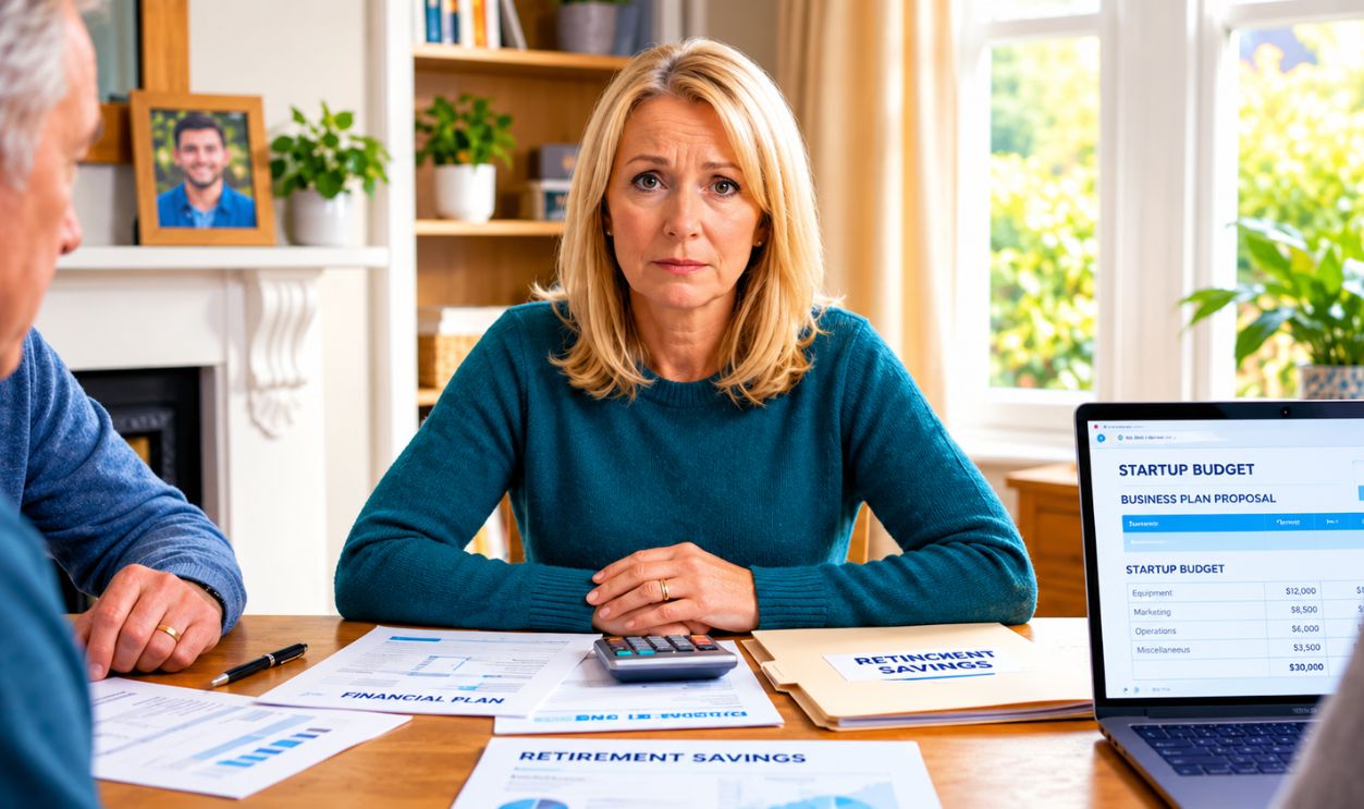 worried woman with calculator and documents, listening to her husband and son in discussion