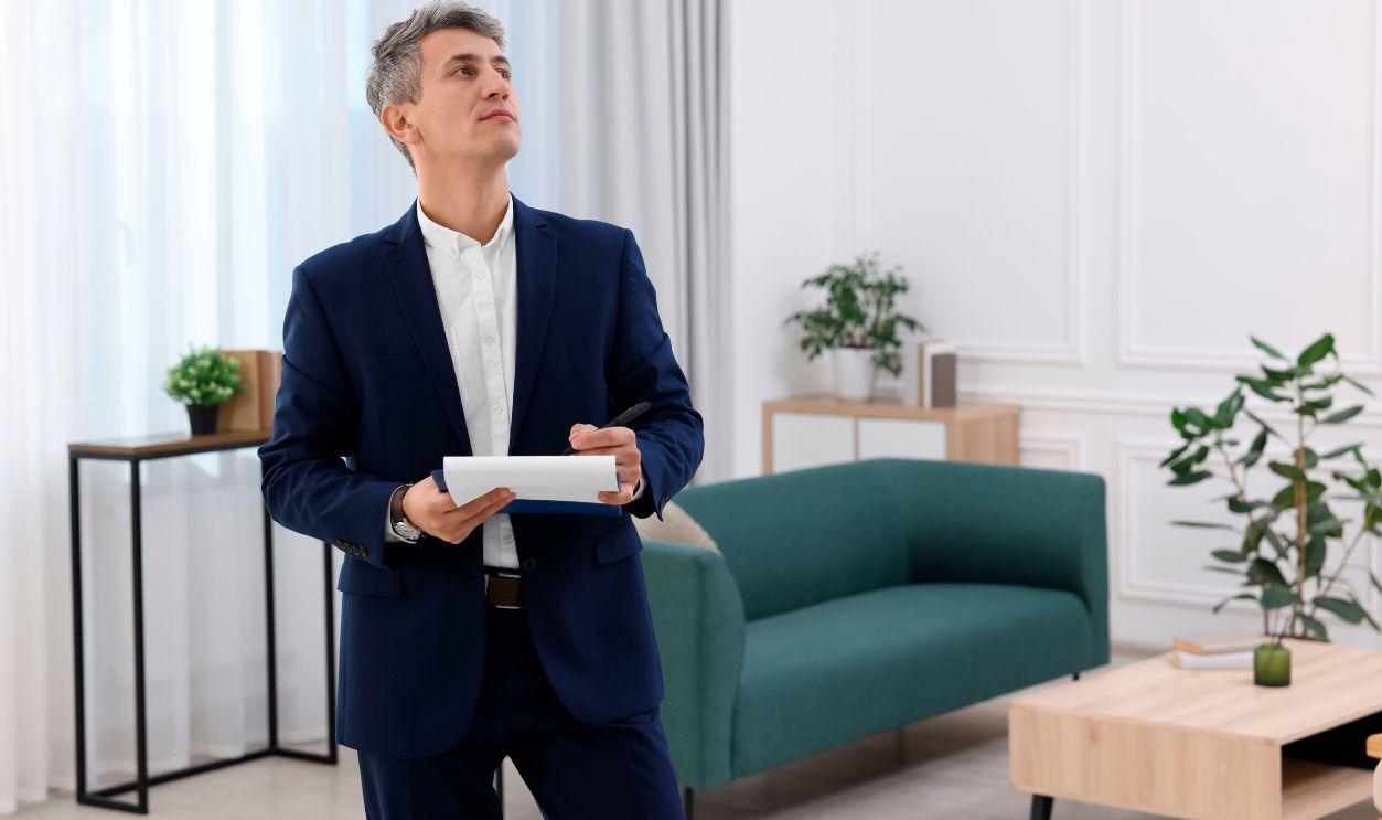 Real estate appraisal. Inspector with clipboard conducting property valuation at home. Space for text